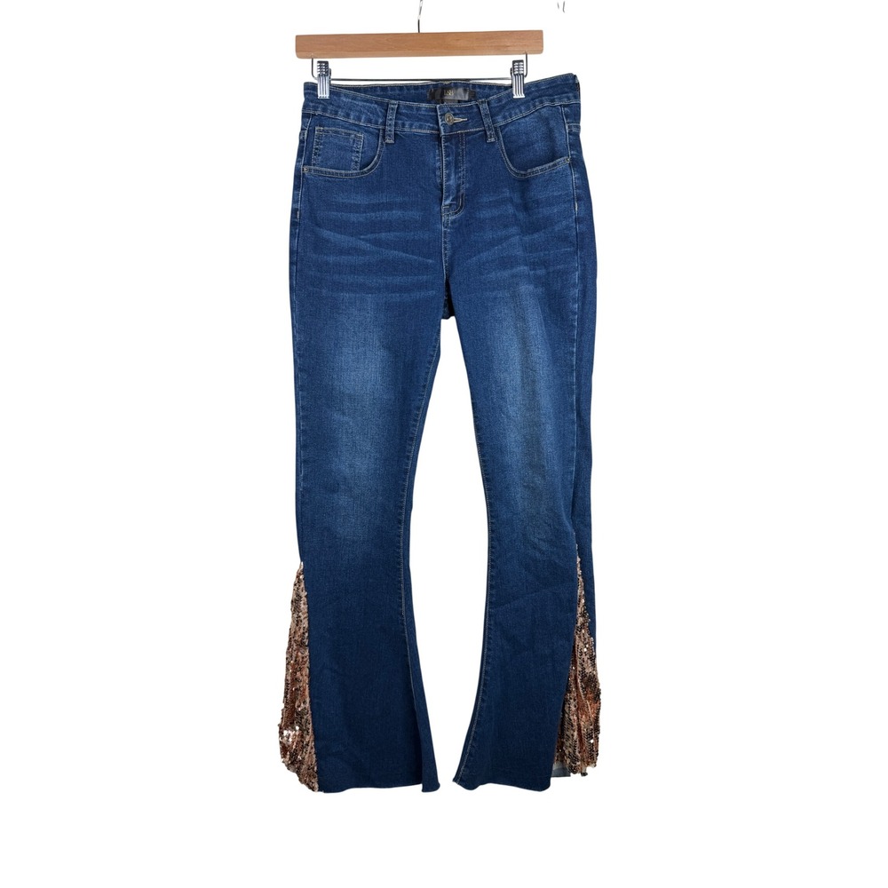 L&B Lucky & Blessed Women's Flare Jeans Sequin Bell Bottom size 10 Blue